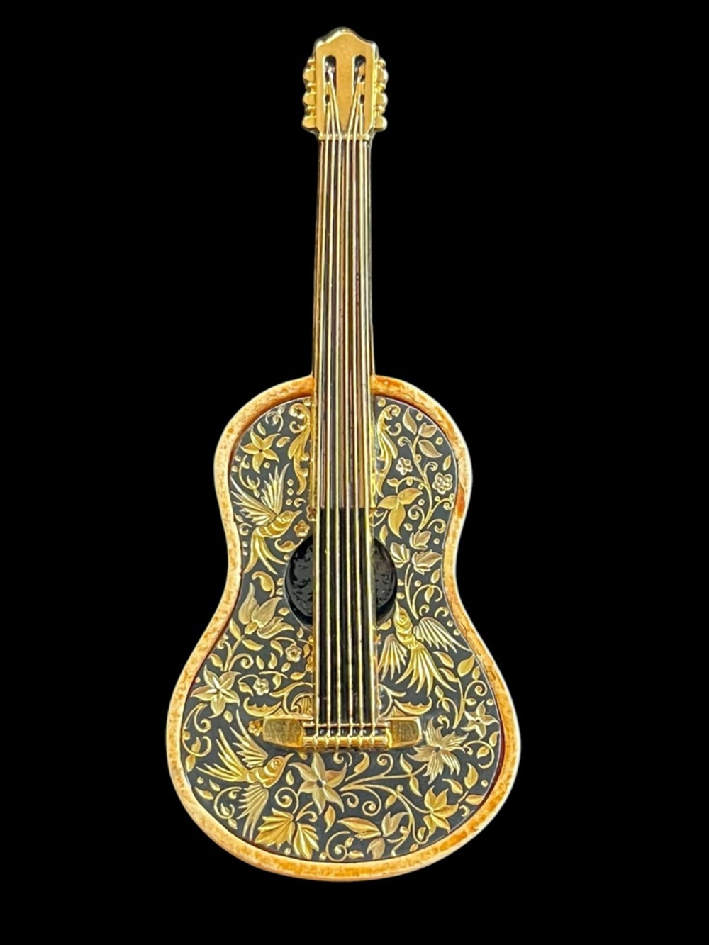 Vintage Gorgeous Damascene Gold Plated Miniature Guitar Wood 11 cm x 4 cm Mini